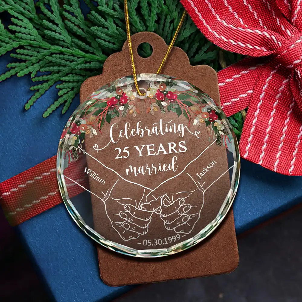 Happy Anniversary Celebrating Married - Personalized Circle Glass Ornament - Image 5