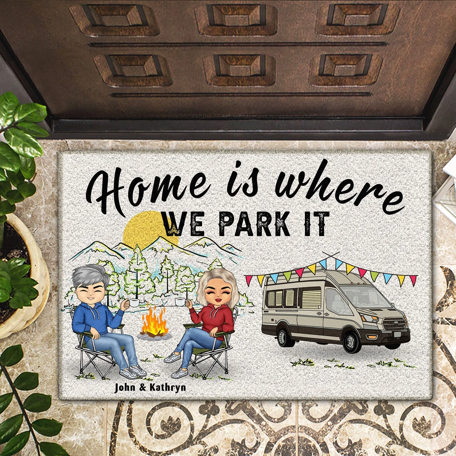 Happy Campers Chibi Couple - Gift For Camping Lovers - Personalized Doormat - Image 2