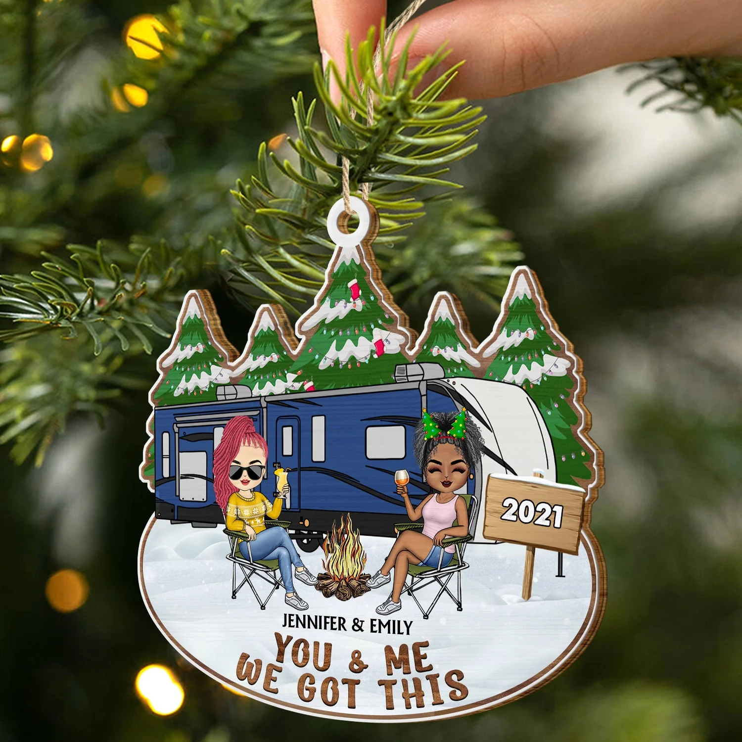 Happy Campers - Christmas Gifts For Couples, Camping Lovers - Personalized Wooden Cutout Ornament - Image 2