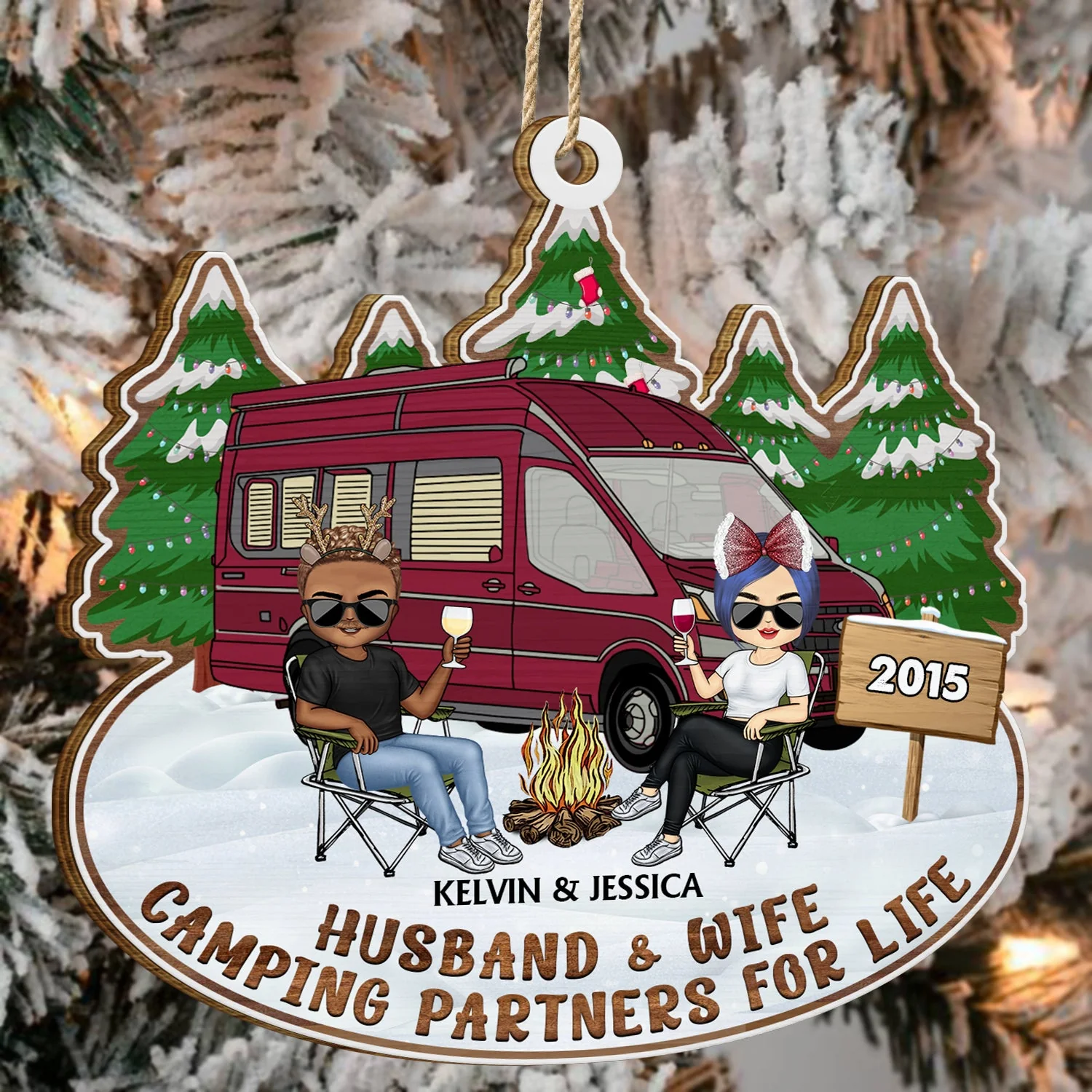 Happy Campers - Christmas Gifts For Couples, Camping Lovers - Personalized Wooden Cutout Ornament - Image 4