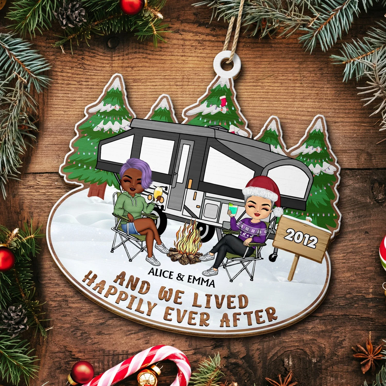 Happy Campers - Christmas Gifts For Couples, Camping Lovers - Personalized Wooden Cutout Ornament - Image 5