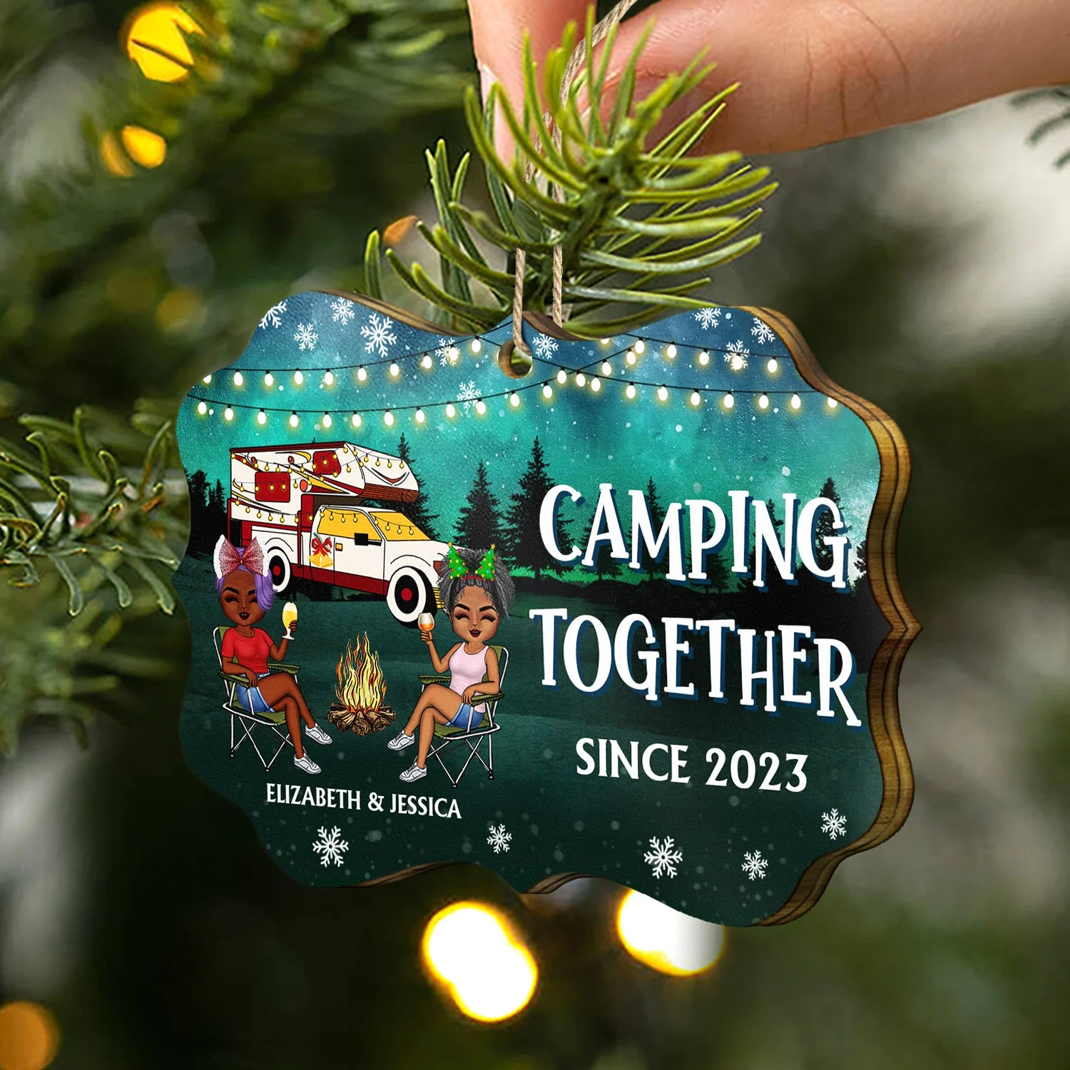 Happy Campers Since - Christmas Gift For Couples, Camping Lovers - Personalized Medallion Wooden Ornament - Image 2
