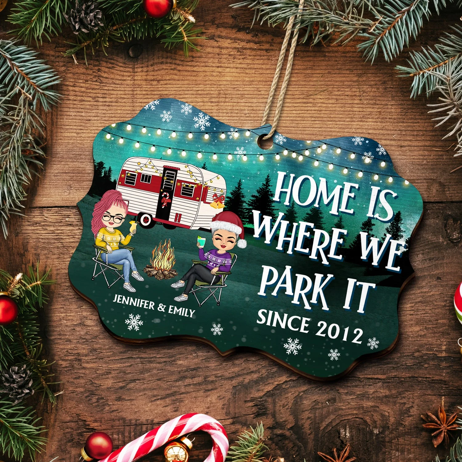 Happy Campers Since - Christmas Gift For Couples, Camping Lovers - Personalized Medallion Wooden Ornament - Image 5