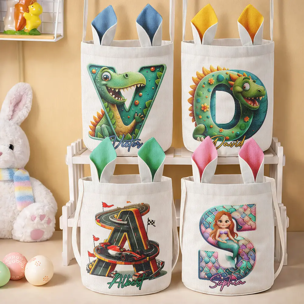 Happy Easter 3D Race Car Truck Dinosaur Mermaid Alphabet - Personalized Bunny Ears Bucket Bag - Image 2