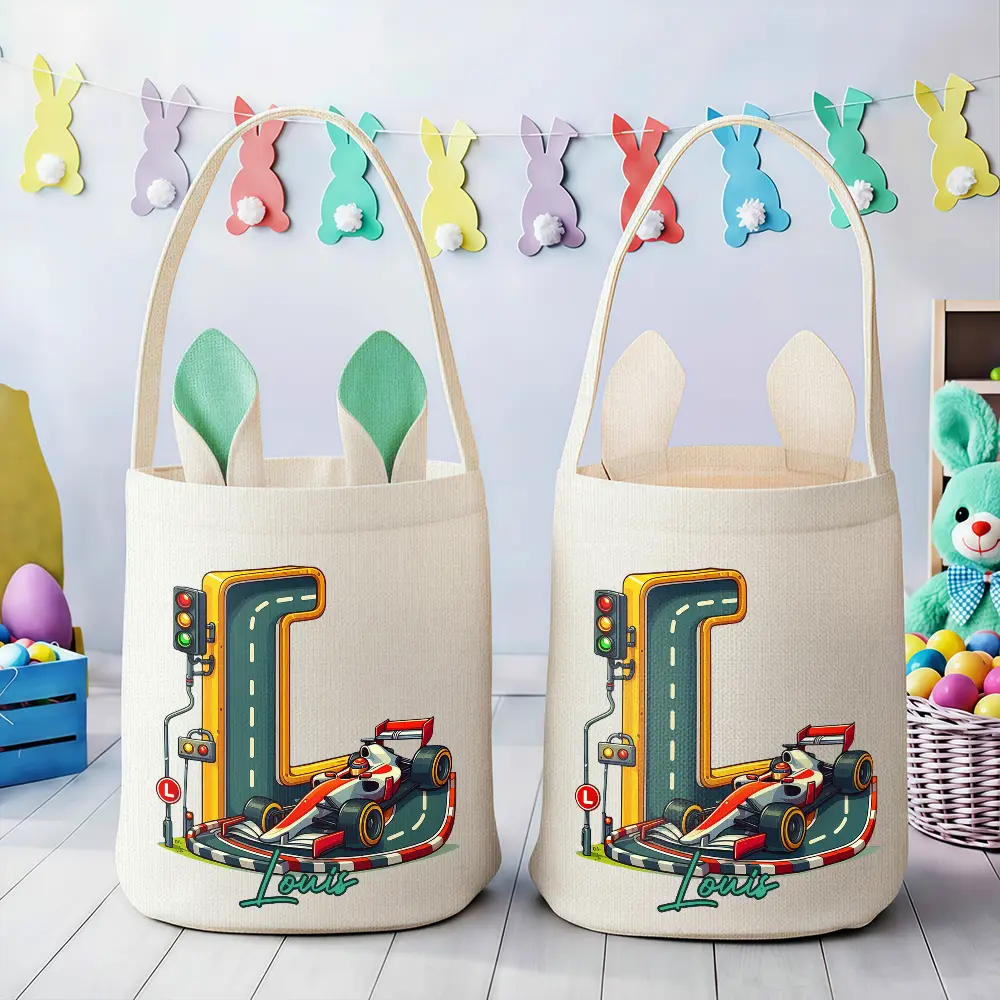 Happy Easter 3D Race Car Truck Dinosaur Mermaid Alphabet - Personalized Bunny Ears Bucket Bag - Image 3