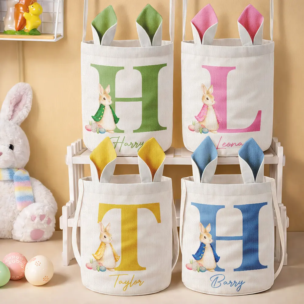 Happy Easter Cute Rabbit Initial - Personalized Bunny Ears Bucket Bag - Image 2