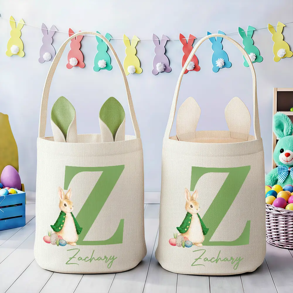 Happy Easter Cute Rabbit Initial - Personalized Bunny Ears Bucket Bag - Image 3