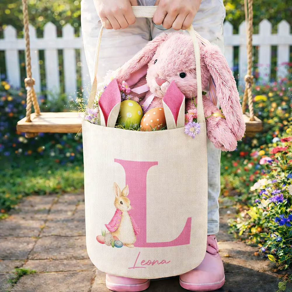 Happy Easter Cute Rabbit Initial - Personalized Bunny Ears Bucket Bag - Image 4
