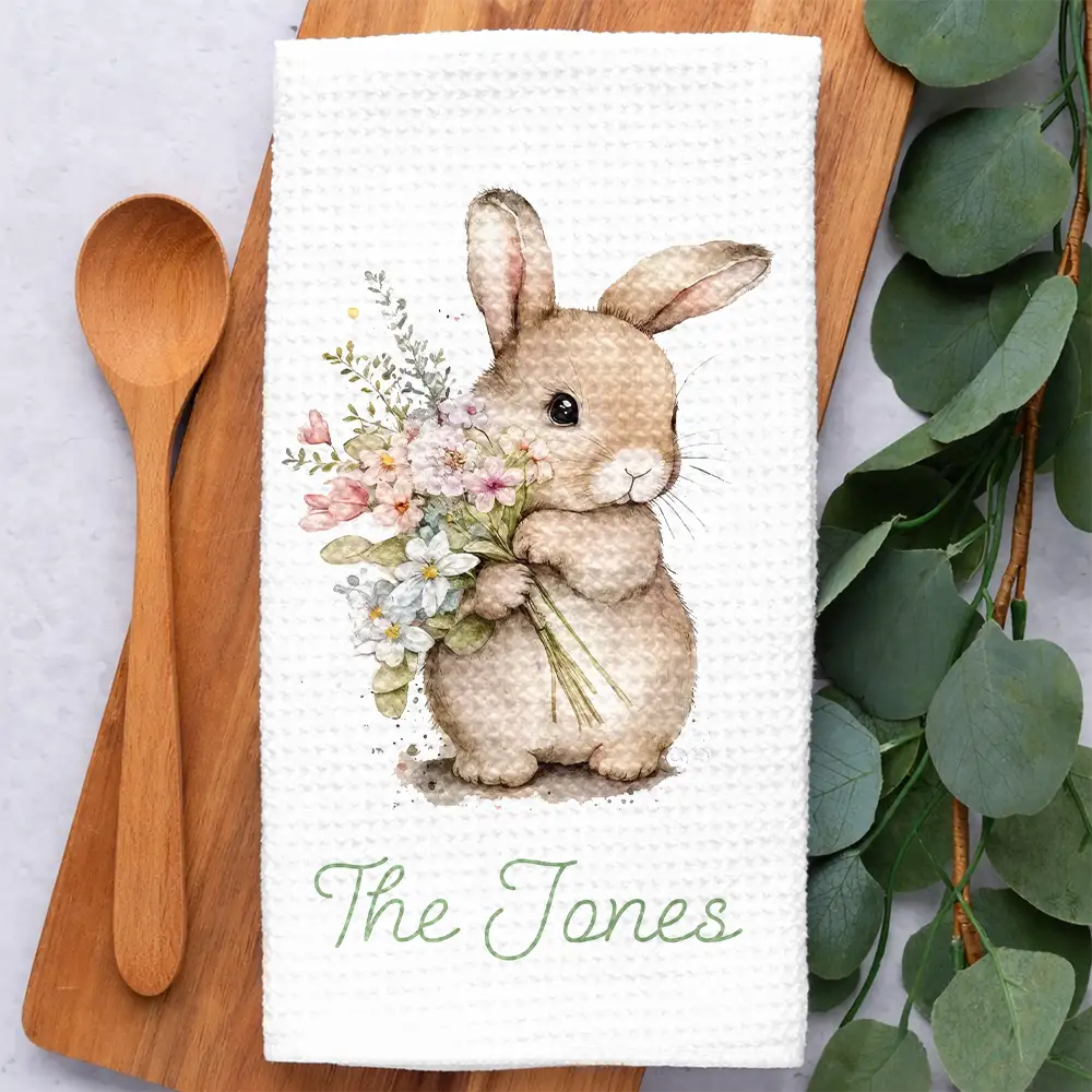 Happy Easter Egg Bunny Chicken - Personalized Kitchen Towel - Image 2