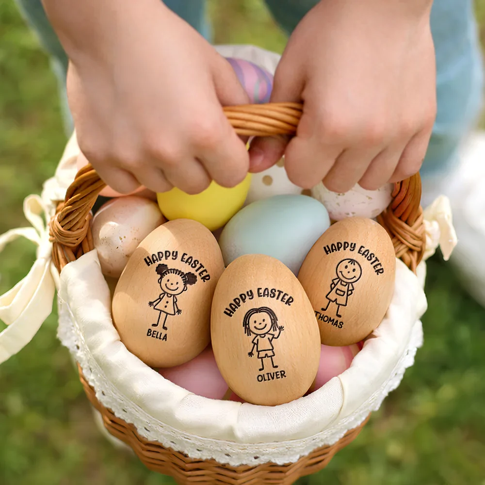 Happy Easter Kids Stick Figure - Personalized Musical Wooden Easter Egg Shaker - Image 6
