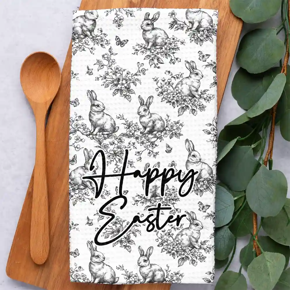 Happy Easter Toile Rabbit - Personalized Kitchen Towel - Image 2