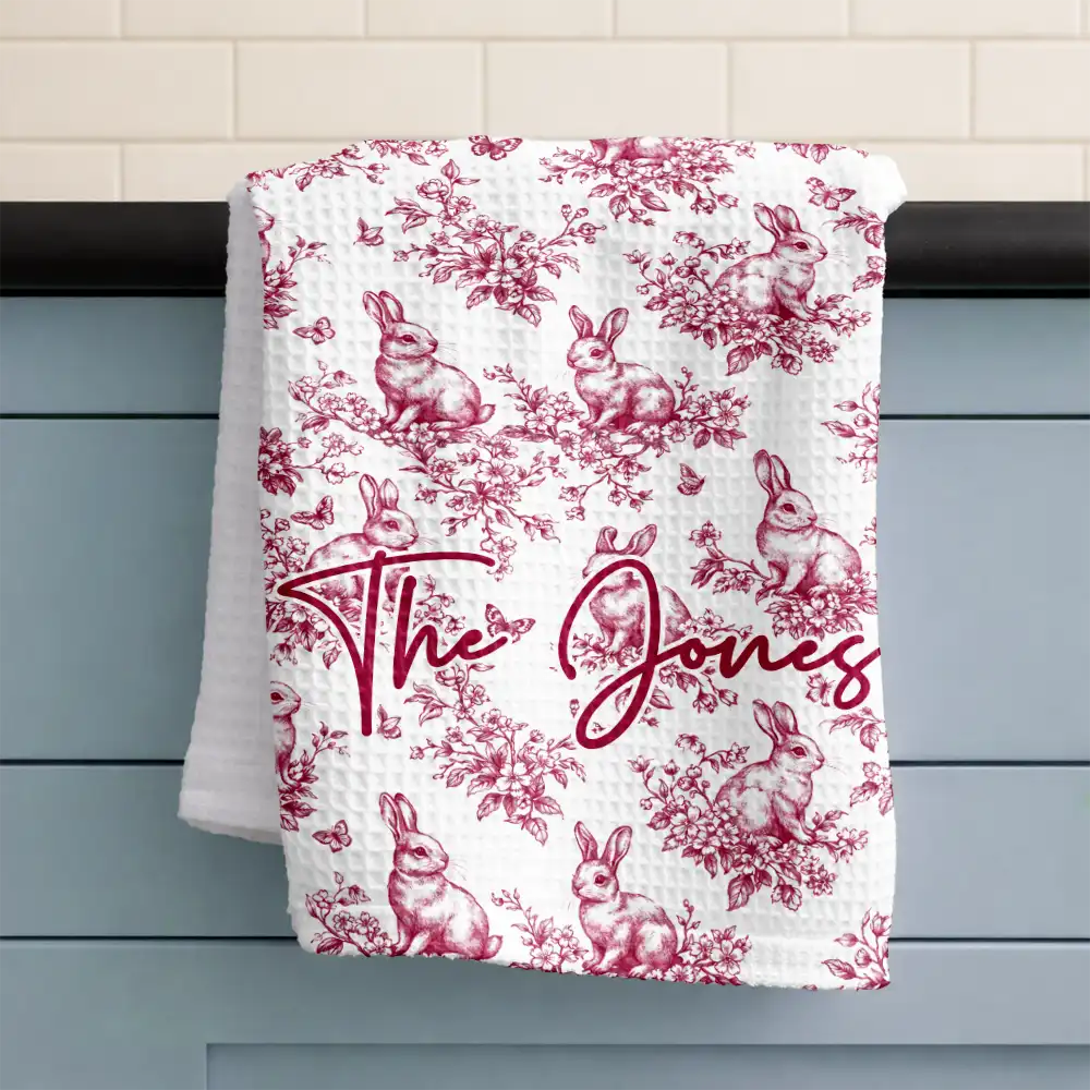 Happy Easter Toile Rabbit - Personalized Kitchen Towel - Image 3