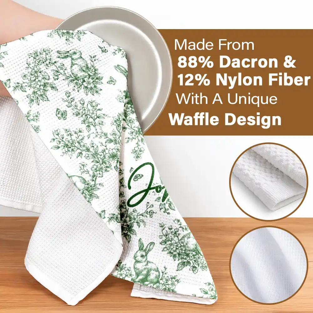 Happy Easter Toile Rabbit - Personalized Kitchen Towel - Image 4