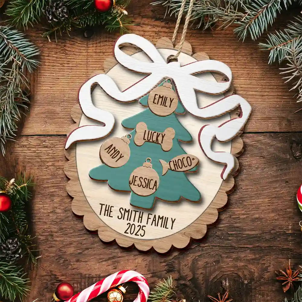 Happy Family Bow Tree - Personalized 2-Layered Wooden Ornament - Image 5