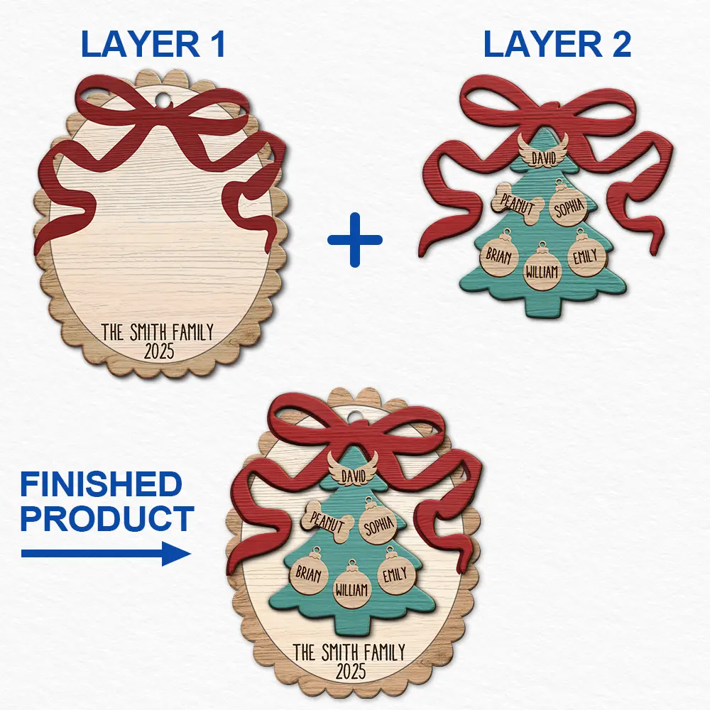 Happy Family Bow Tree - Personalized 2-Layered Wooden Ornament - Image 6