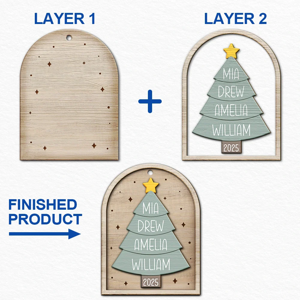 Happy Family Christmas Tree - Personalized 2-Layered Wooden Ornament - Image 6