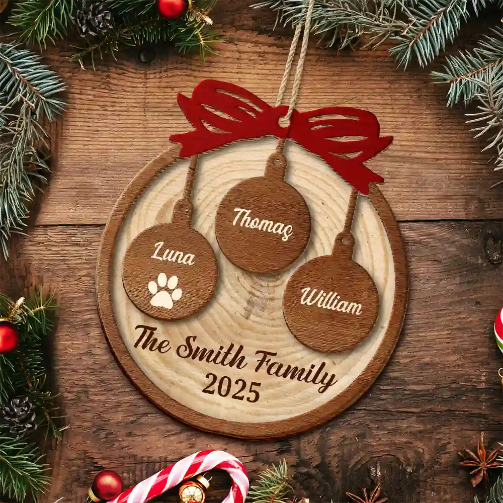 Happy Family Merry Christmas - Personalized 2-Layered Wooden Ornament - Image 4