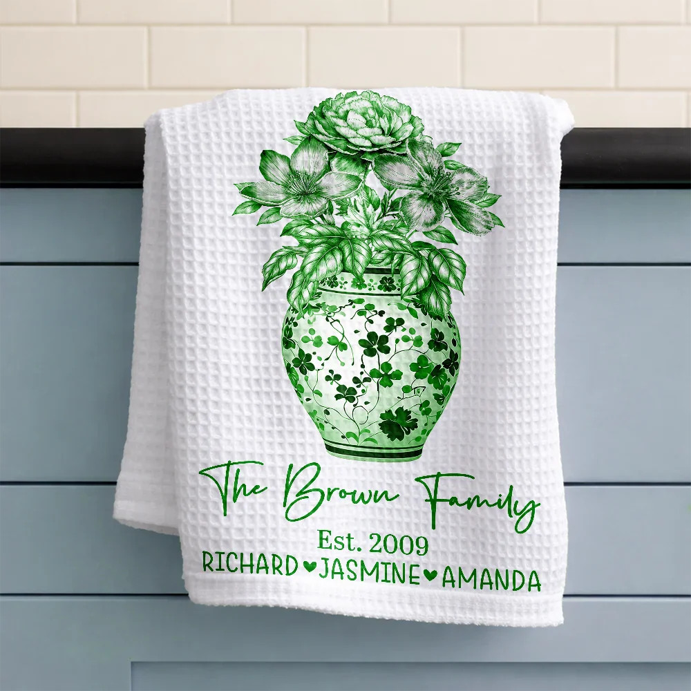 Happy Family Toile Birth Flower Vase - Personalized Kitchen Towel - Image 3