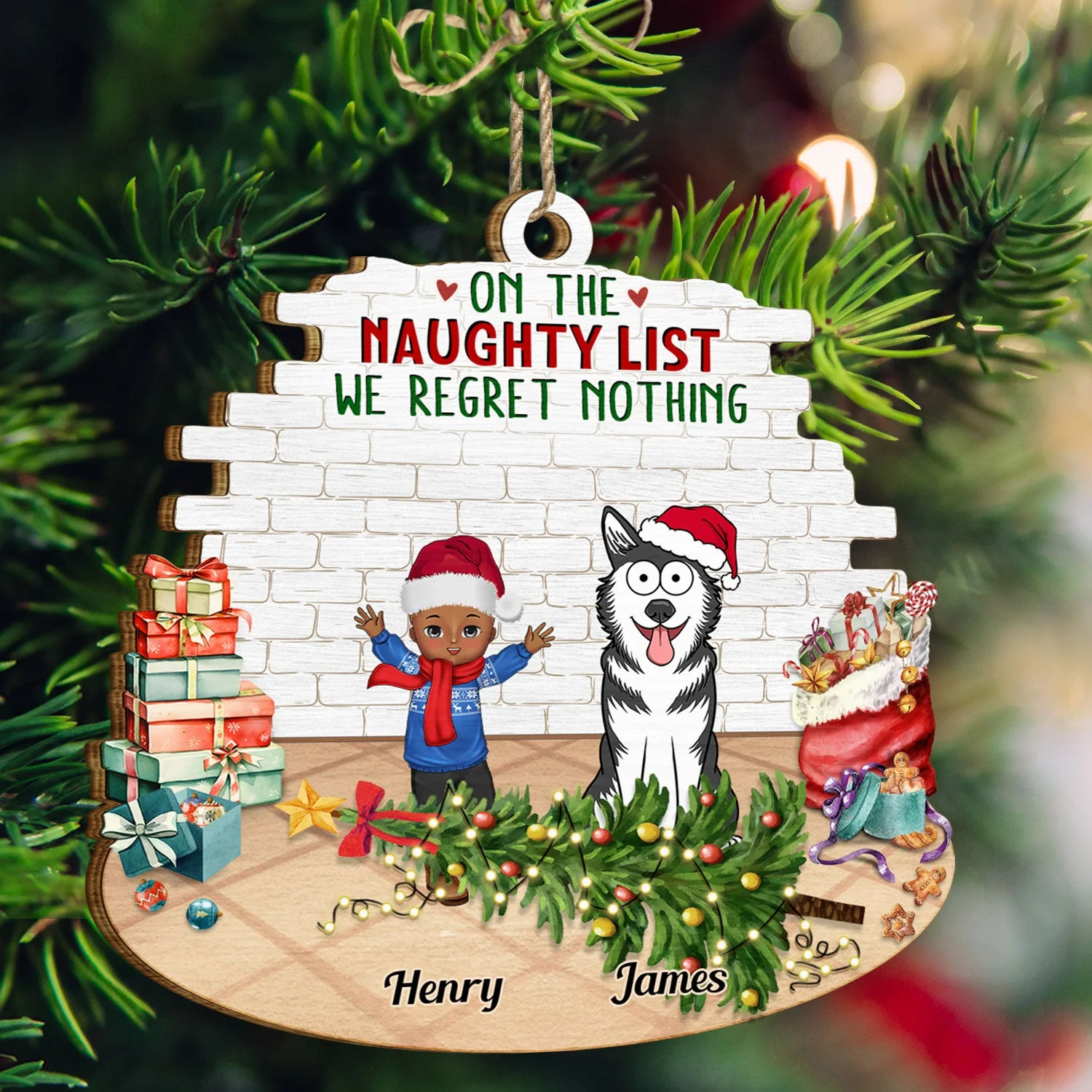 Happy Kids Pets On The Naughty List We Regret Nothing - Christmas Gift For Family, Grandparents - Personalized Custom Shaped Wooden Ornament - Image 3