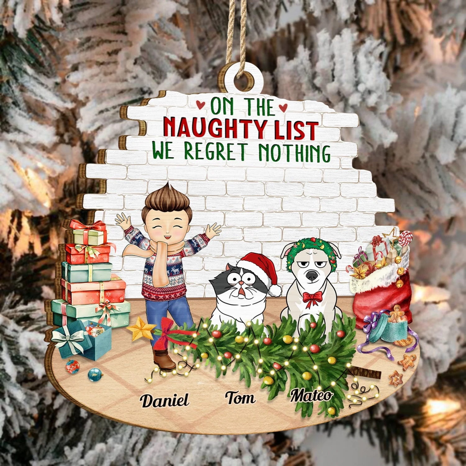 Happy Kids Pets On The Naughty List We Regret Nothing - Christmas Gift For Family, Grandparents - Personalized Custom Shaped Wooden Ornament - Image 4