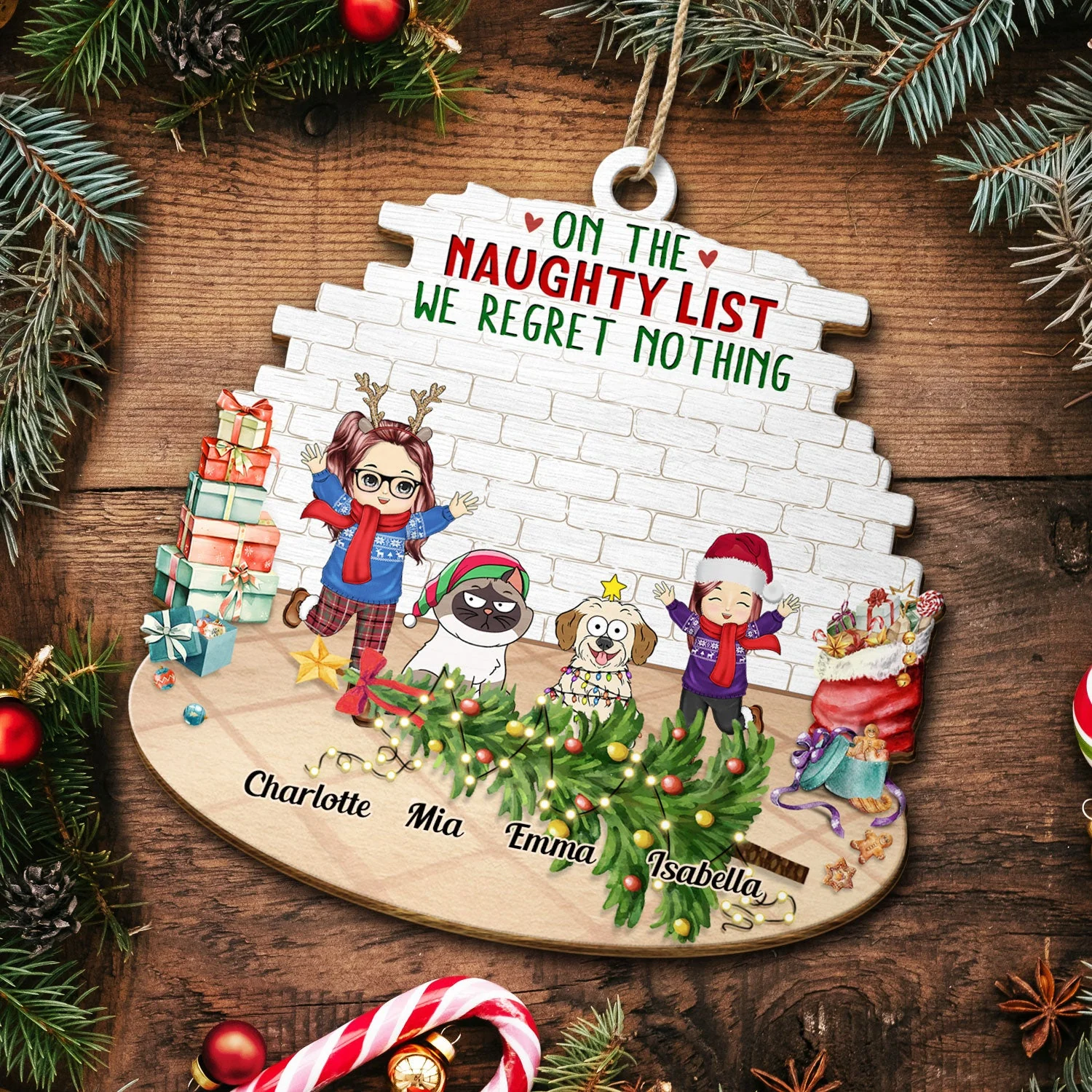 Happy Kids Pets On The Naughty List We Regret Nothing - Christmas Gift For Family, Grandparents - Personalized Custom Shaped Wooden Ornament - Image 5