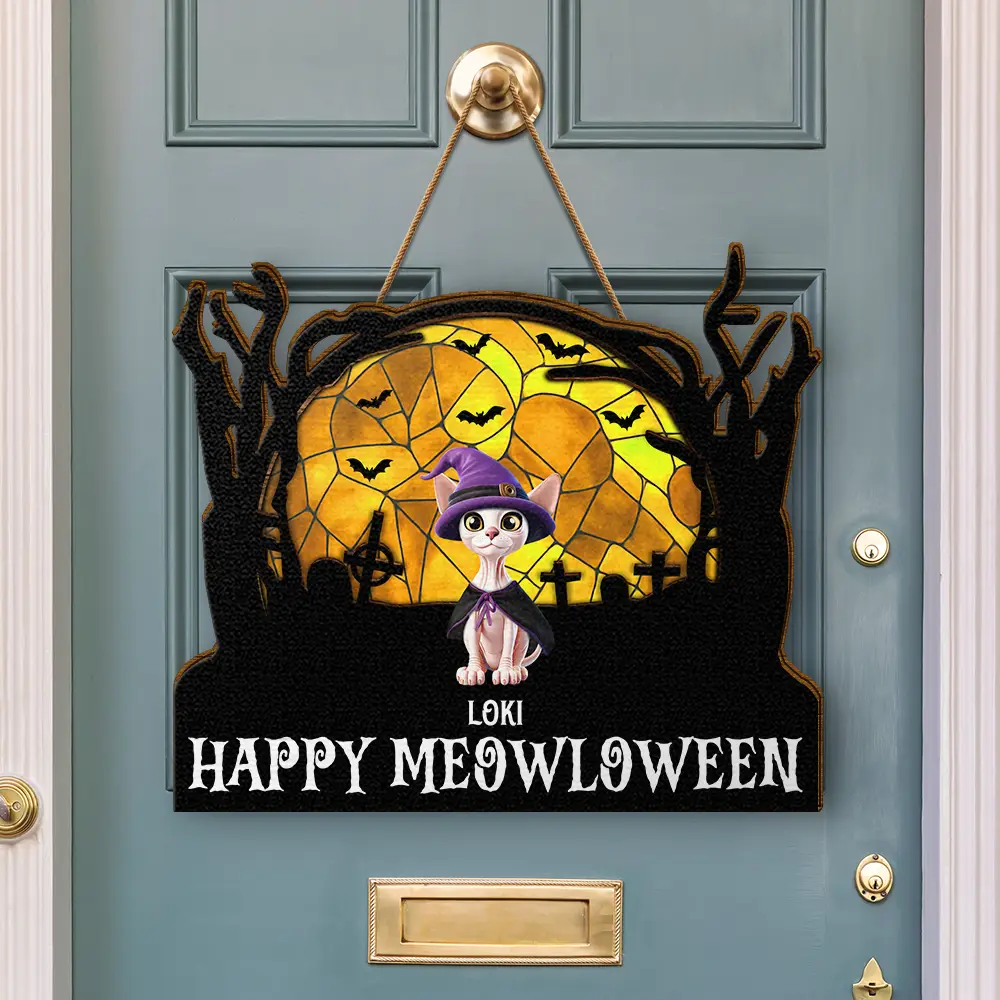 Happy Meowloween Halloween Pets - Personalized Custom Shaped Wood Sign - Image 3