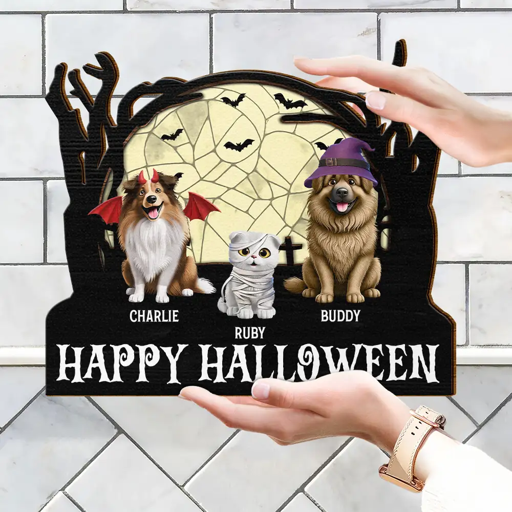 Happy Meowloween Halloween Pets - Personalized Custom Shaped Wood Sign - Image 4