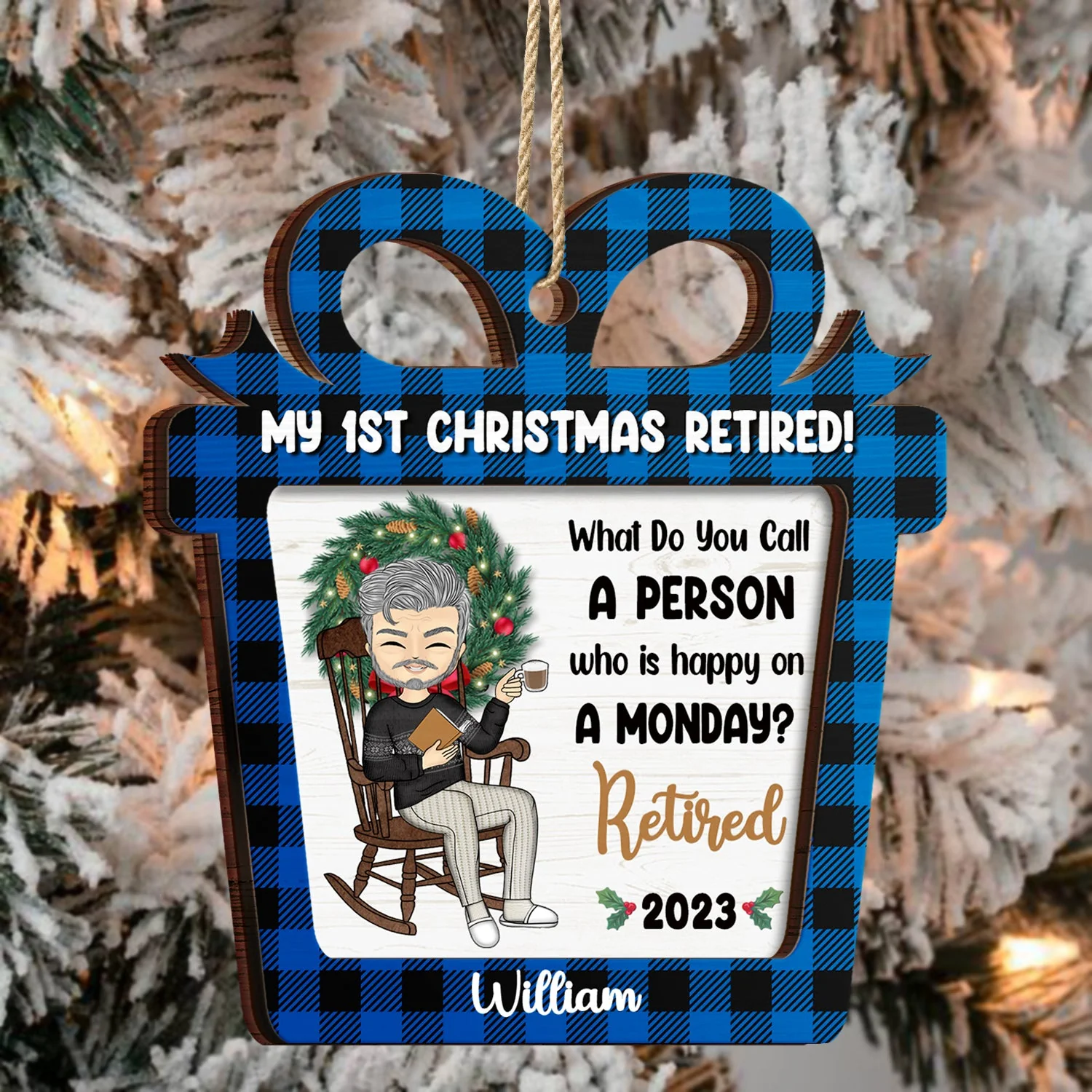 Happy On A Monday - Christmas Retirement Gift - Personalized 2-Layered Wooden Ornament - Image 3