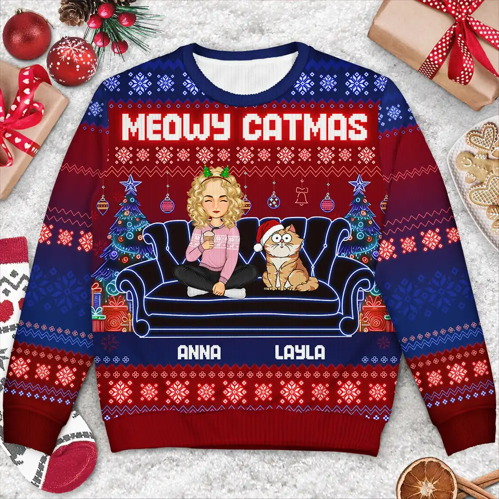 Happy Pawlidays Cartoon Dogs Cats Neon Christmas Light Style - Personalized Unisex Ugly Sweater - Image 3