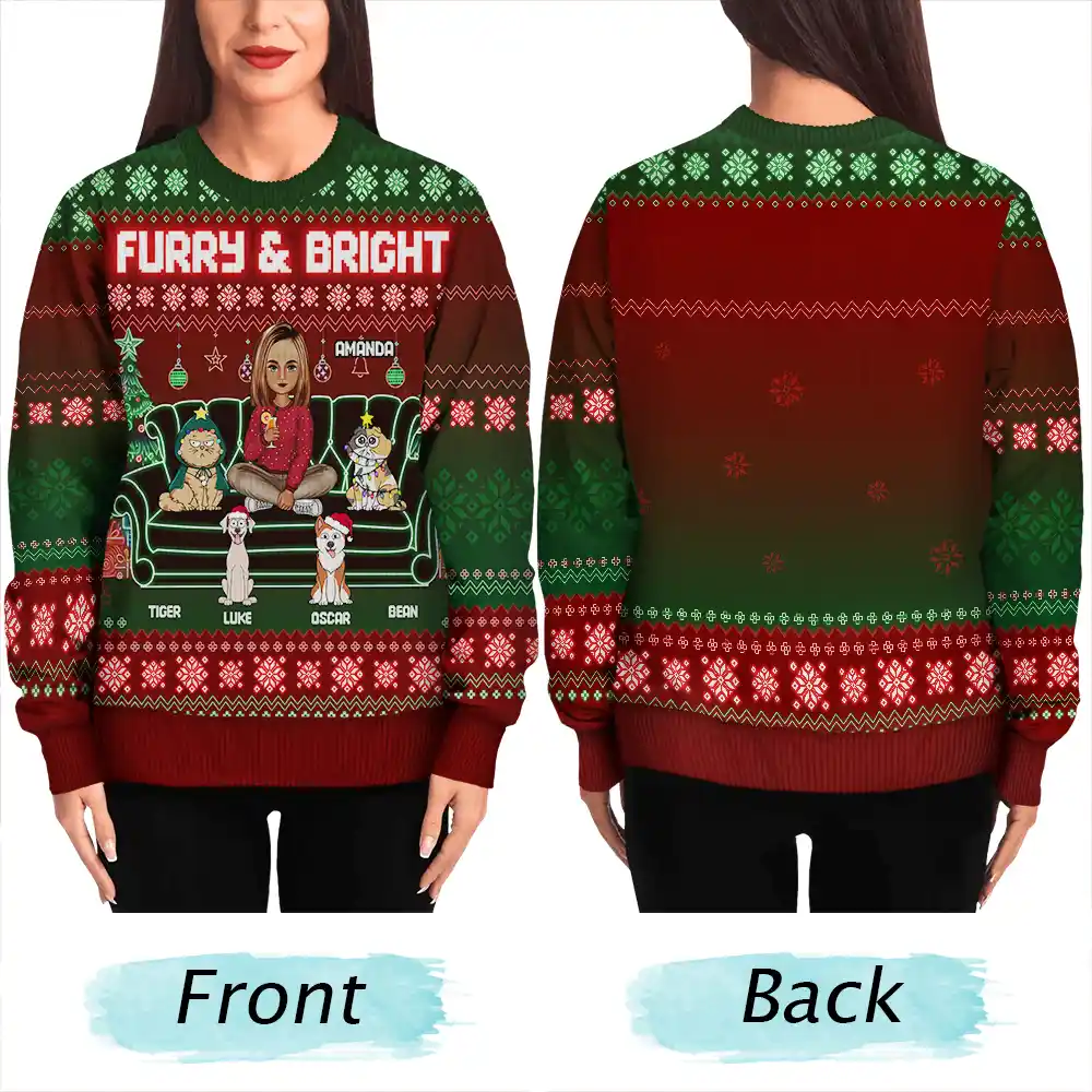 Happy Pawlidays Cartoon Dogs Cats Neon Christmas Light Style - Personalized Unisex Ugly Sweater - Image 5