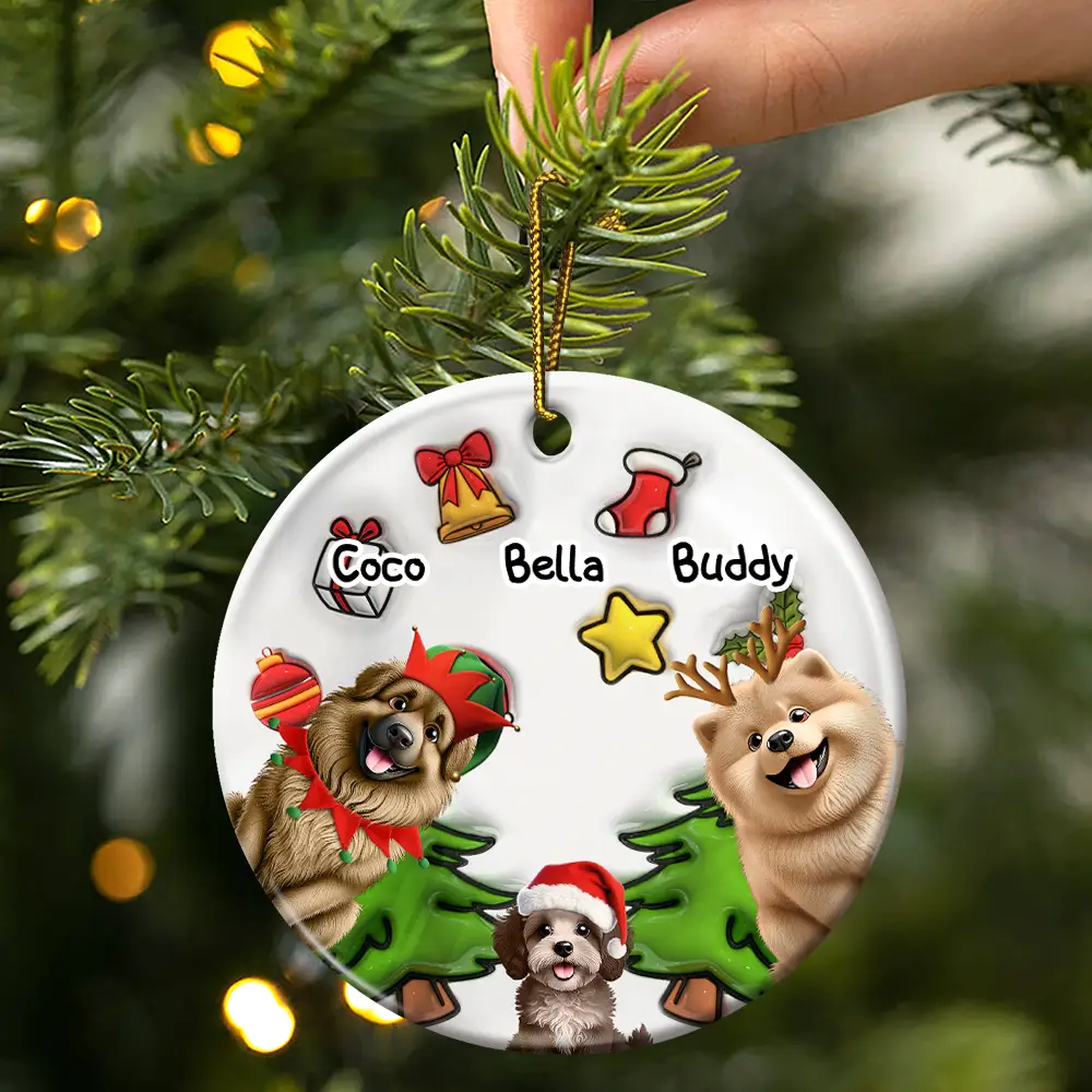 Happy Pawlidays Christmas Dog - 3D Inflated Effect Printed Ornament, Personalized Circle Ceramic Ornament - Image 3