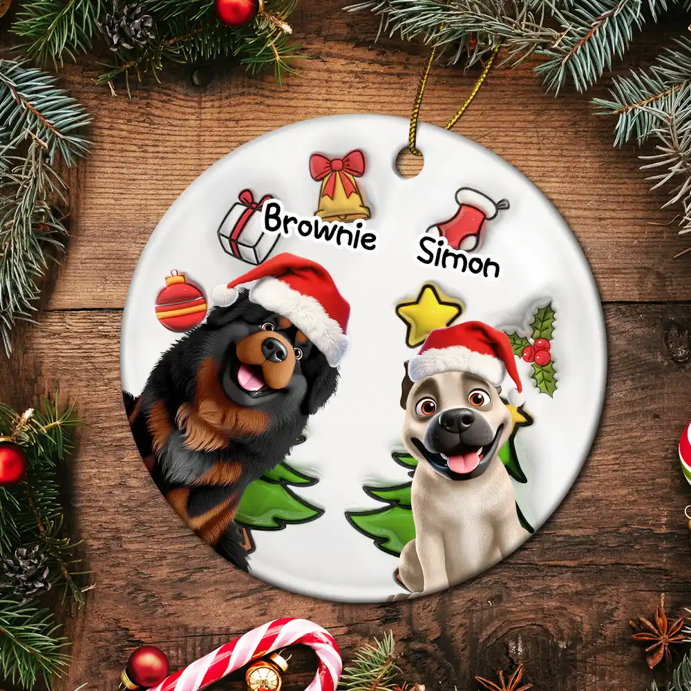 Happy Pawlidays Christmas Dog - 3D Inflated Effect Printed Ornament, Personalized Circle Ceramic Ornament - Image 5