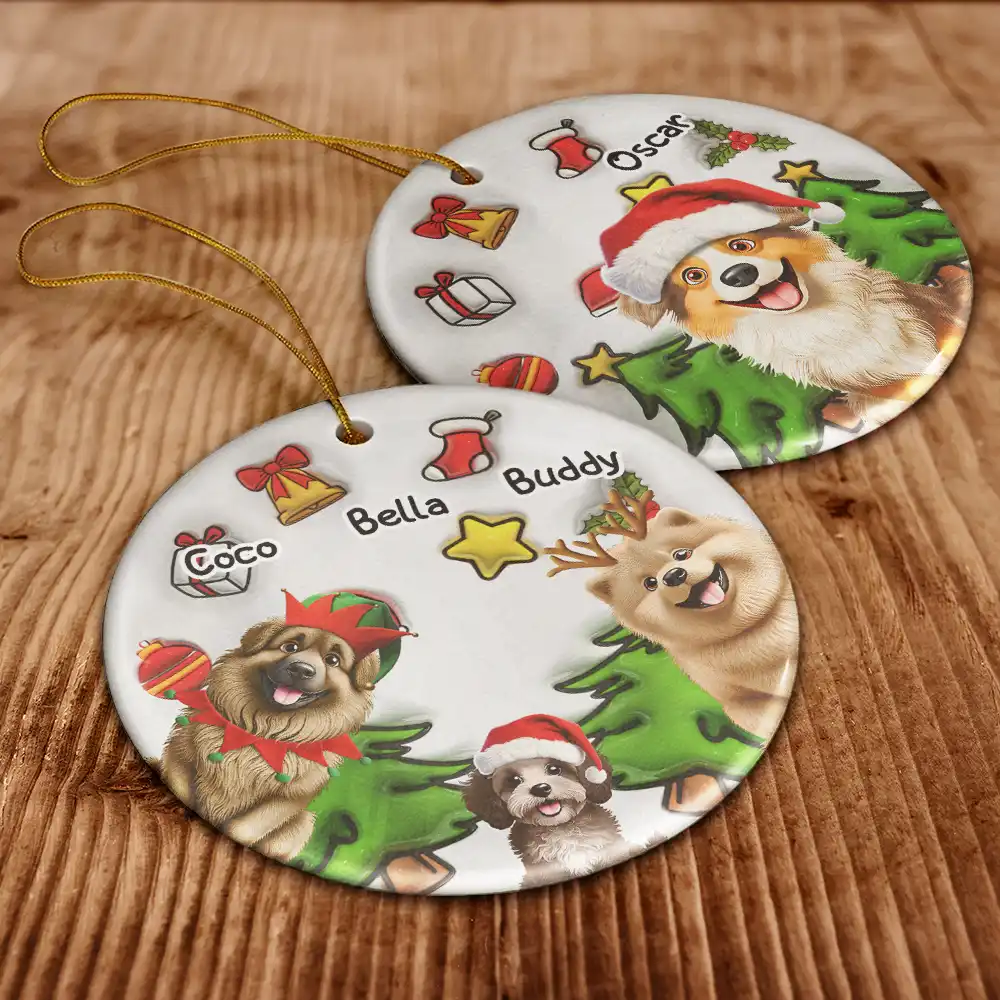 Happy Pawlidays Christmas Dog - 3D Inflated Effect Printed Ornament, Personalized Circle Ceramic Ornament - Image 6