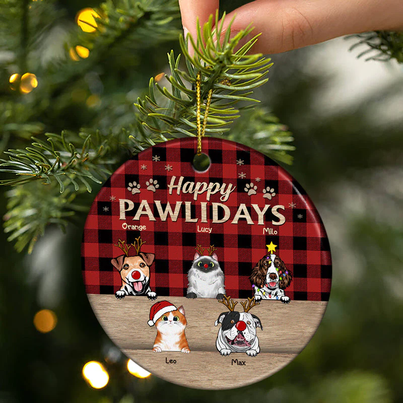 Happy Pawlidays Christmas Dog Cat - Christmas Gift For Dog Lovers & Cat Lovers - Personalized Custom Circle Ceramic Ornament - Image 2