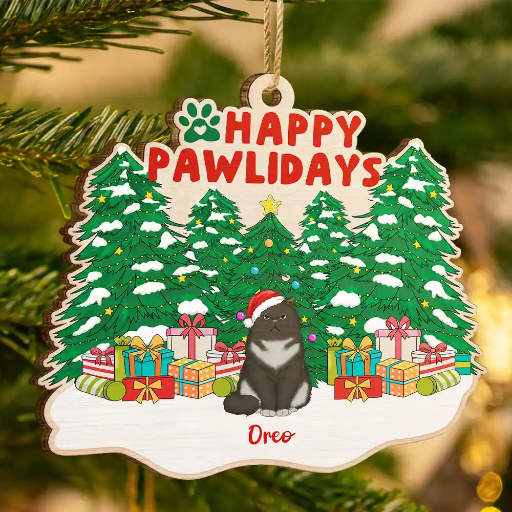 Happy Pawlidays Christmas Dogs Cats Sitting - Personalized Custom Shaped Wooden Ornament - Image 3