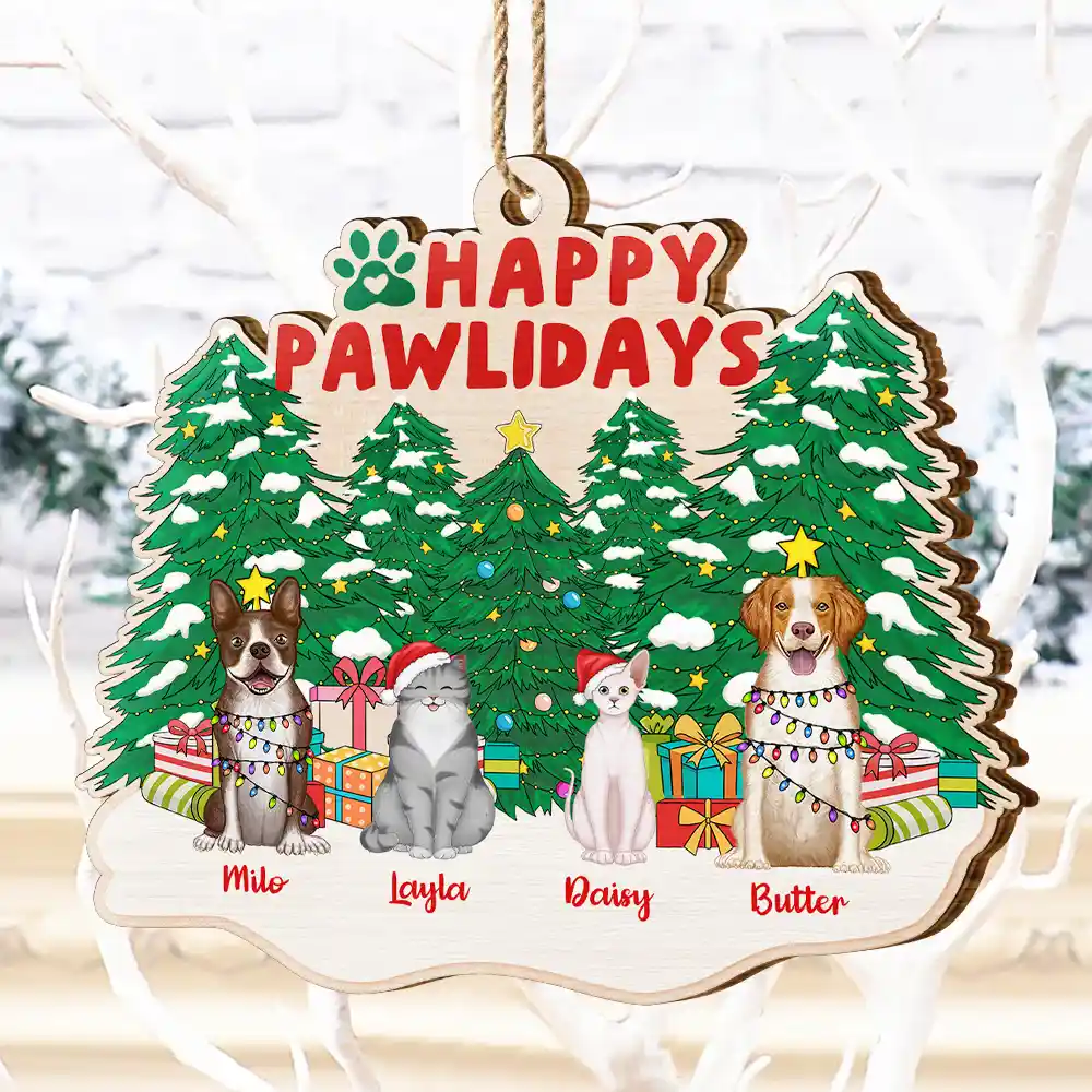 Happy Pawlidays Christmas Dogs Cats Sitting - Personalized Custom Shaped Wooden Ornament - Image 4