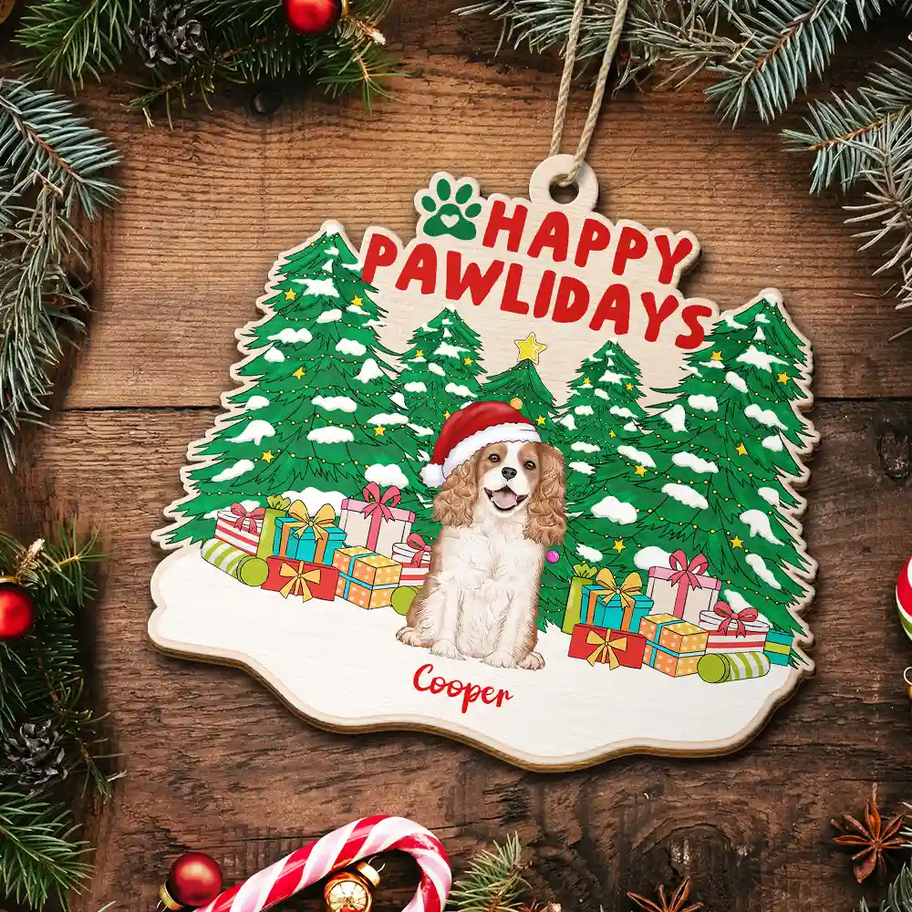 Happy Pawlidays Christmas Dogs Cats Sitting - Personalized Custom Shaped Wooden Ornament - Image 5