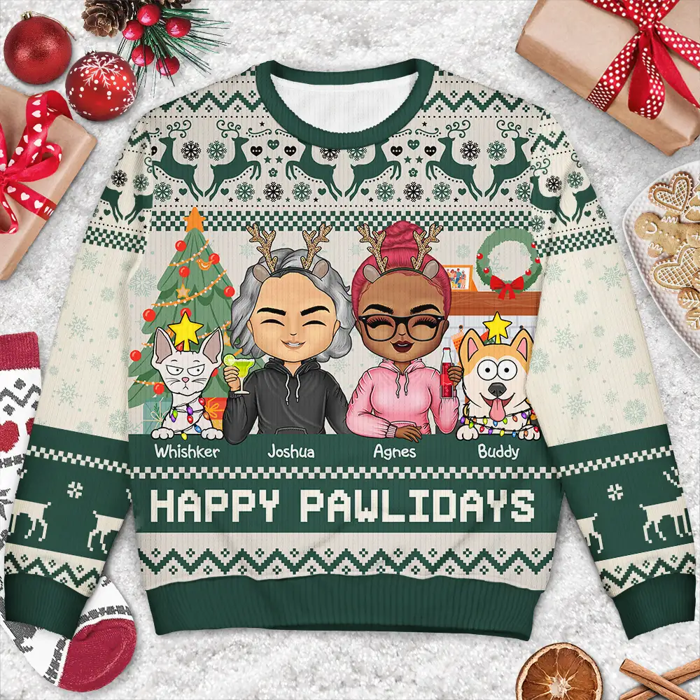 Happy Pawlidays Dog And Cat Couple Chibi - Personalized Unisex Ugly Sweater - Image 3