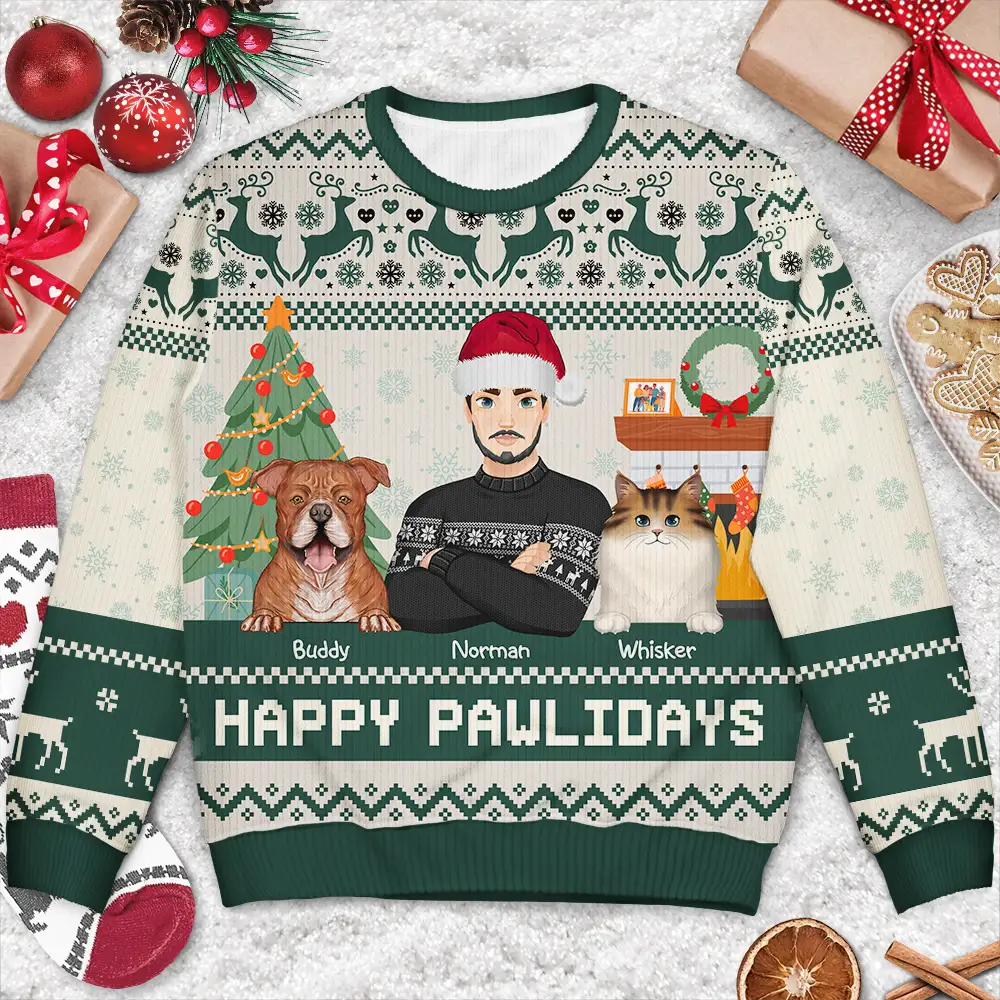 Happy Pawlidays Dog And Cat Lover Flat Art - Personalized Unisex Ugly Sweater - Image 3