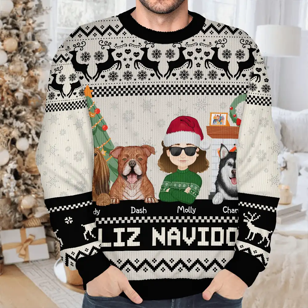 Happy Pawlidays Dog And Cat Lover Flat Art - Personalized Unisex Ugly Sweater - Image 4