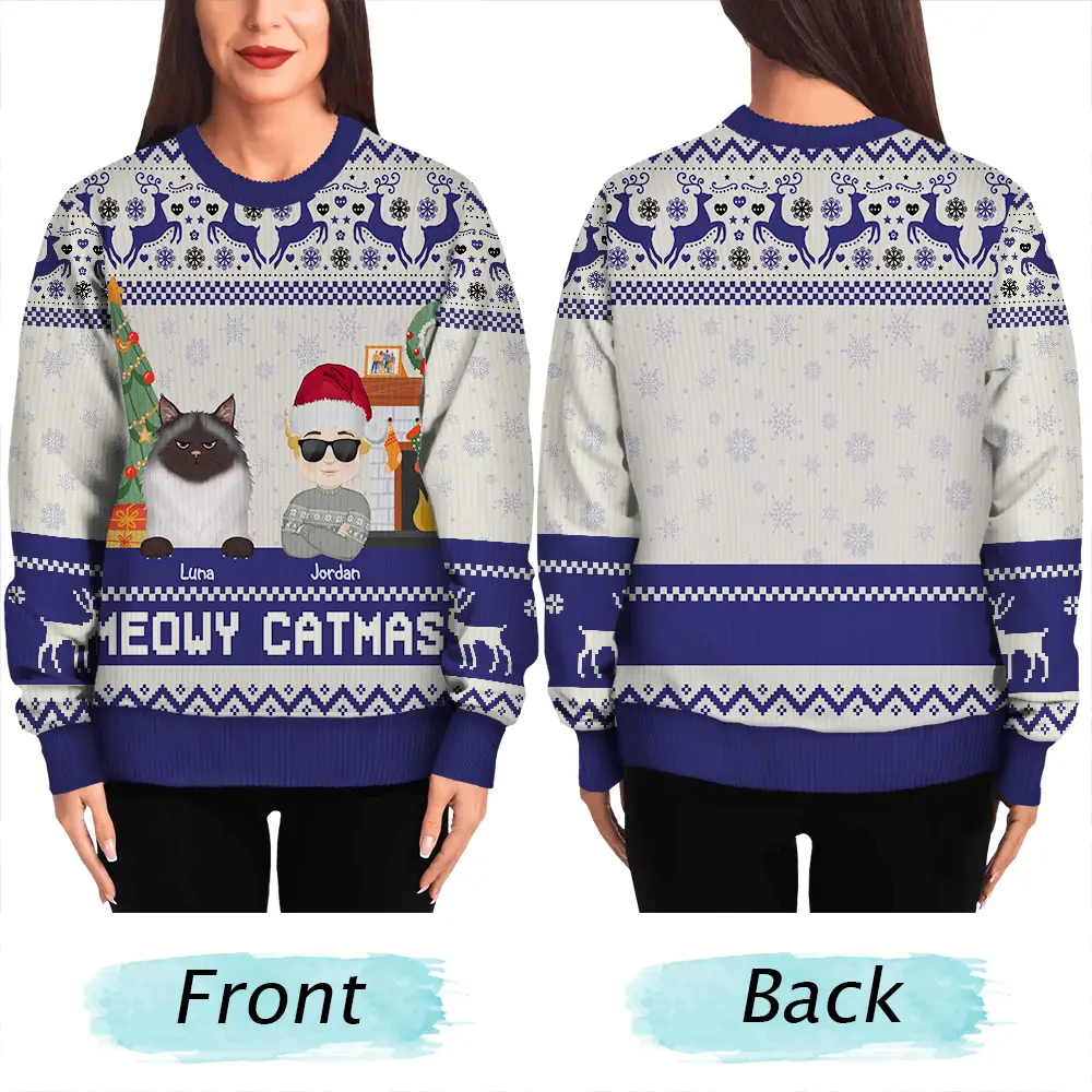 Happy Pawlidays Dog And Cat Lover Flat Art - Personalized Unisex Ugly Sweater - Image 5