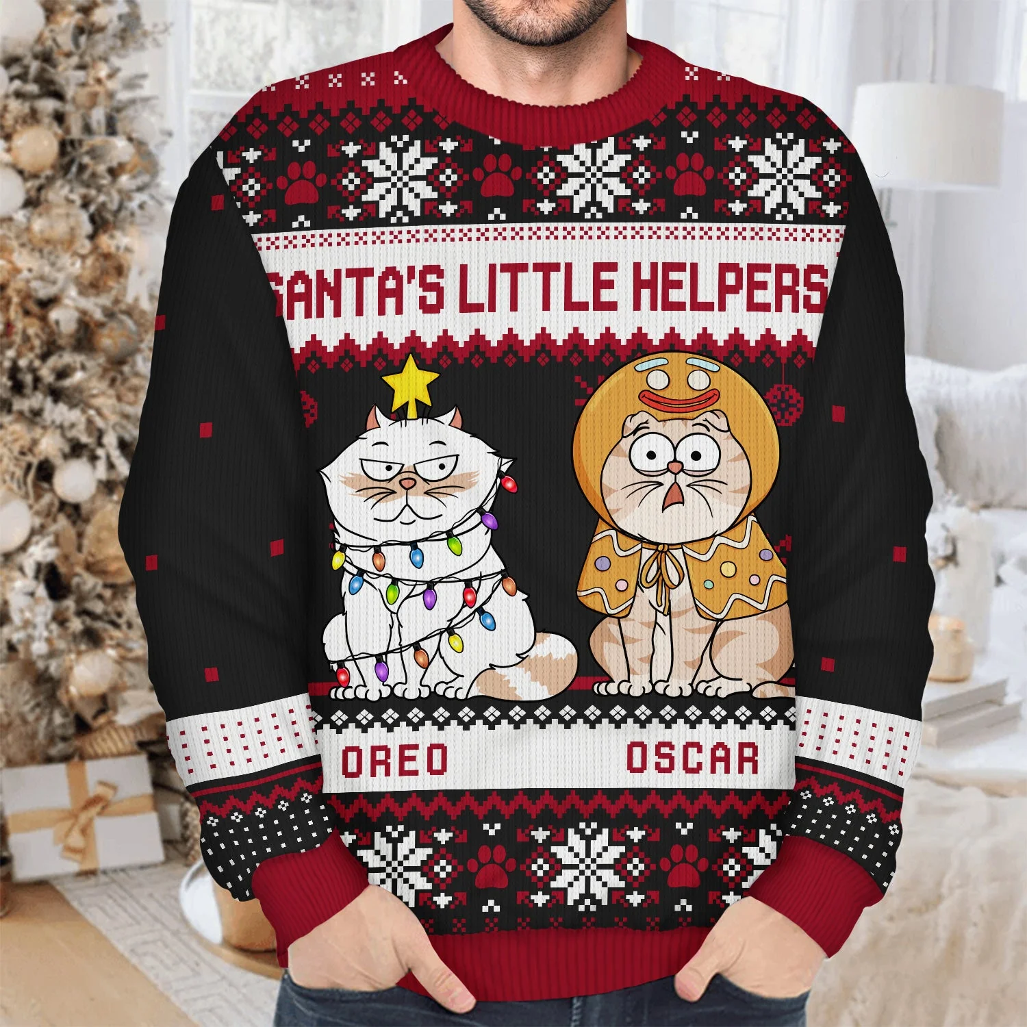 Happy Pawlidays Funny Cartoon Cats Dogs - Christmas Gift For Pet Lovers, Dog Lovers, Cat Lovers - Personalized Unisex Ugly Sweater - Image 4
