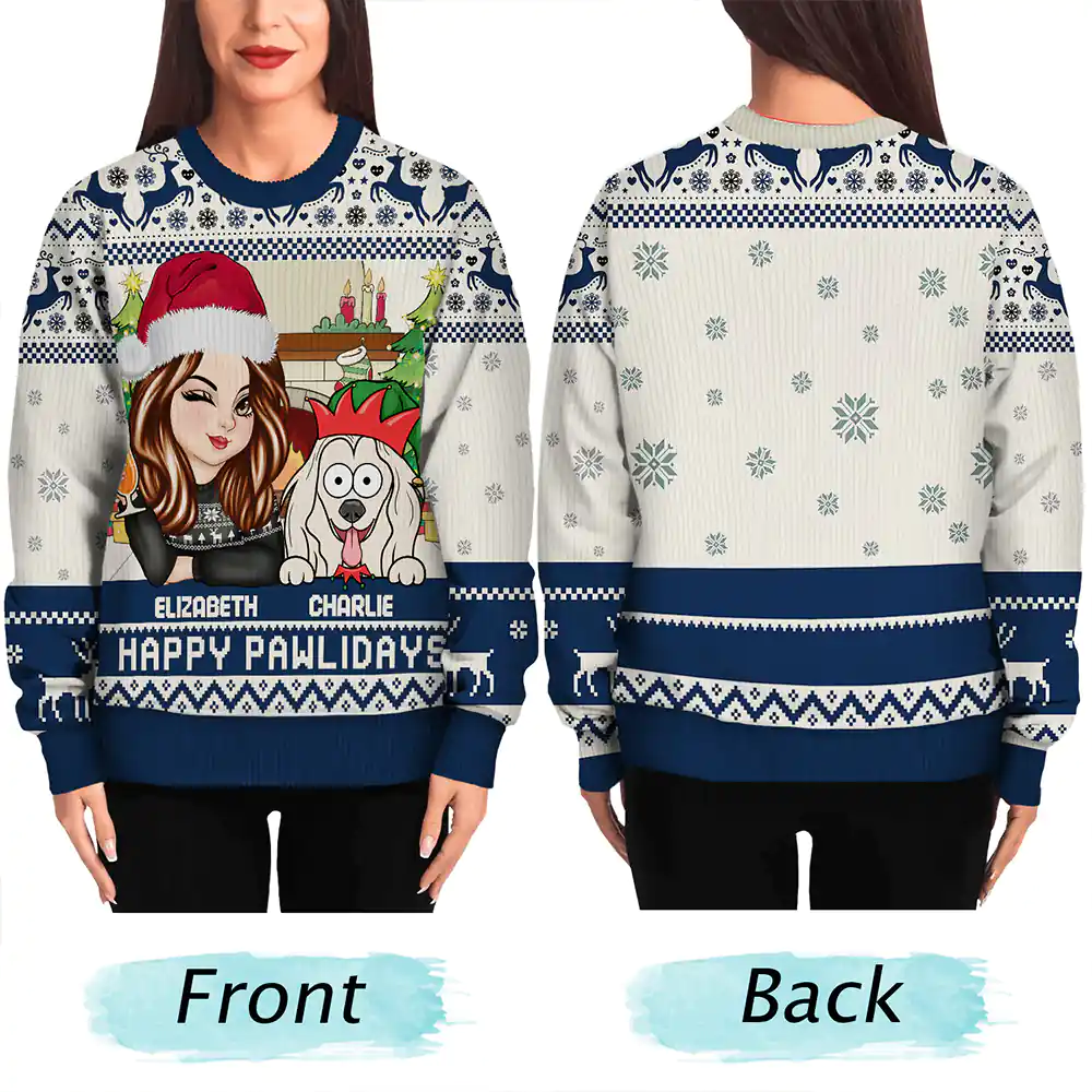 Happy Pawlidays Woman With Pets - Personalized Unisex Ugly Sweater - Image 5