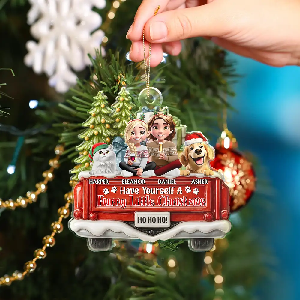 Happy Pawlidays Couple With Dogs Cats - Personalized Custom Shaped Acrylic Ornament - Image 4