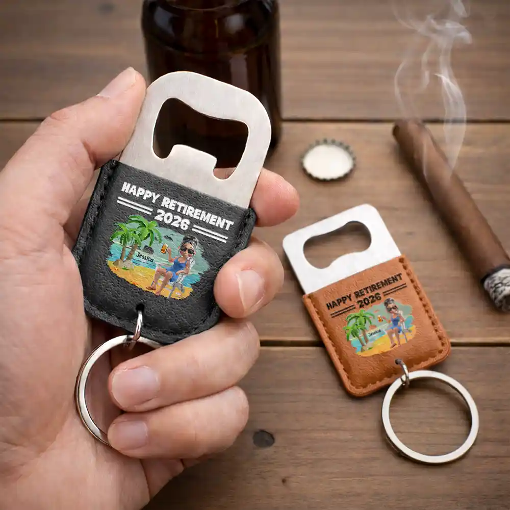 Happy Retirement Gift For Dad Grandpa - Personalized Leather Bottle Opener Keychain - Image 2