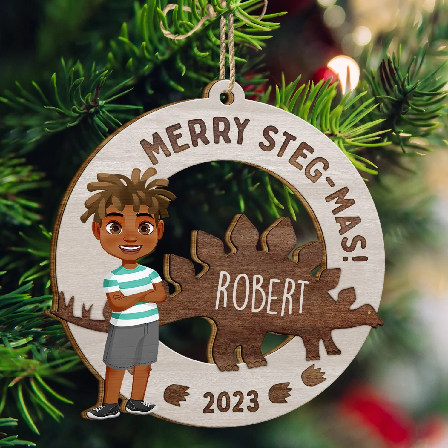 Have A Roarin' Christmas - Xmas Gift For Kid, Baby Loving Dinosaur - Personalized Wooden Cutout Ornament - Image 3