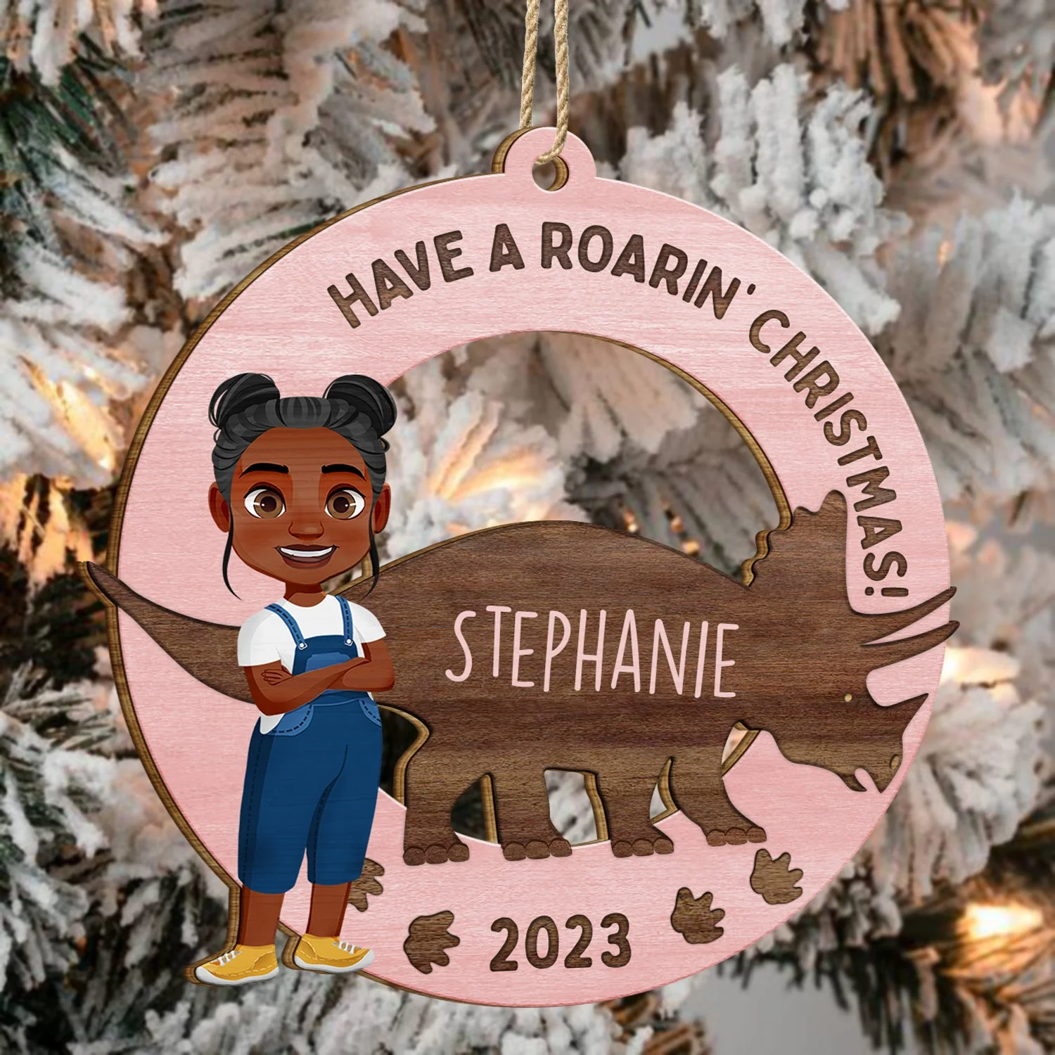 Have A Roarin' Christmas - Xmas Gift For Kid, Baby Loving Dinosaur - Personalized Wooden Cutout Ornament - Image 4