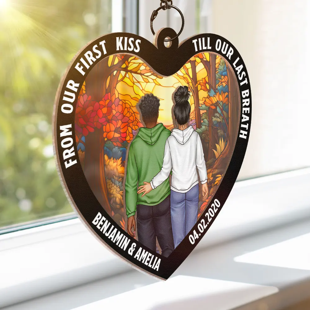 Heart Back Couple From Our First Kiss - Personalized Window Hanging Suncatcher Ornament - Image 3