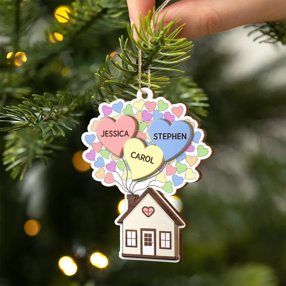 Heart Balloon House For Family - Personalized 2-Layered Wooden Ornament - Image 2