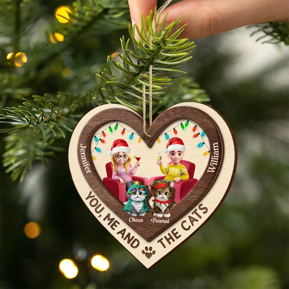 Heart You Me And The Cat - Personalized 2-Layered Wooden Ornament - Image 2